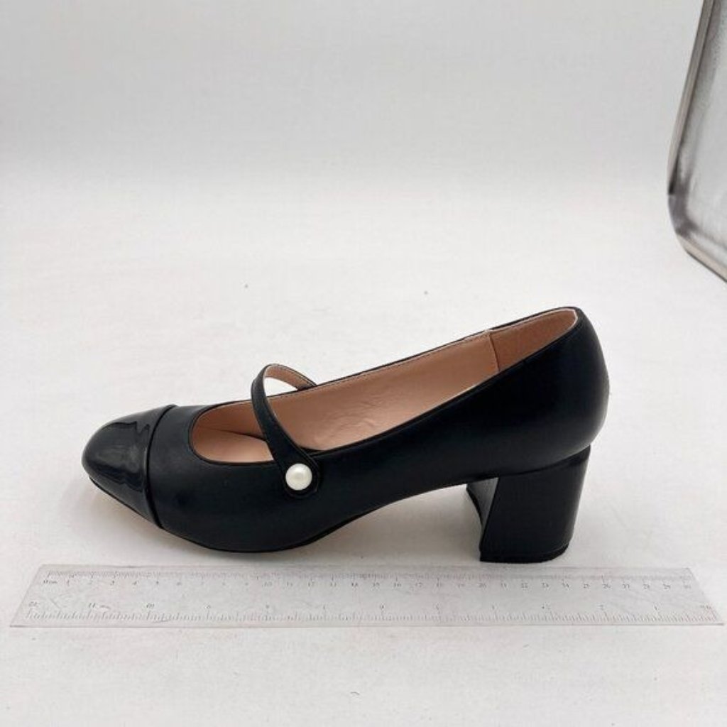 Miss Left Black Pearl Closed Toe Mary Jane Pumps Chunky Block Heels Wedding Shoe